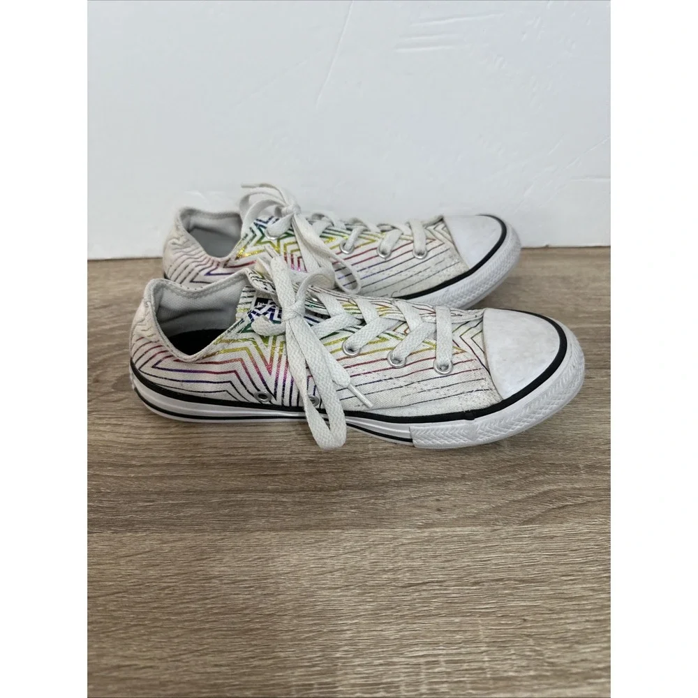 Converse Shoes Youth 3 Rainbow Star Sneakers White Canvas Low Top Casual 665398F